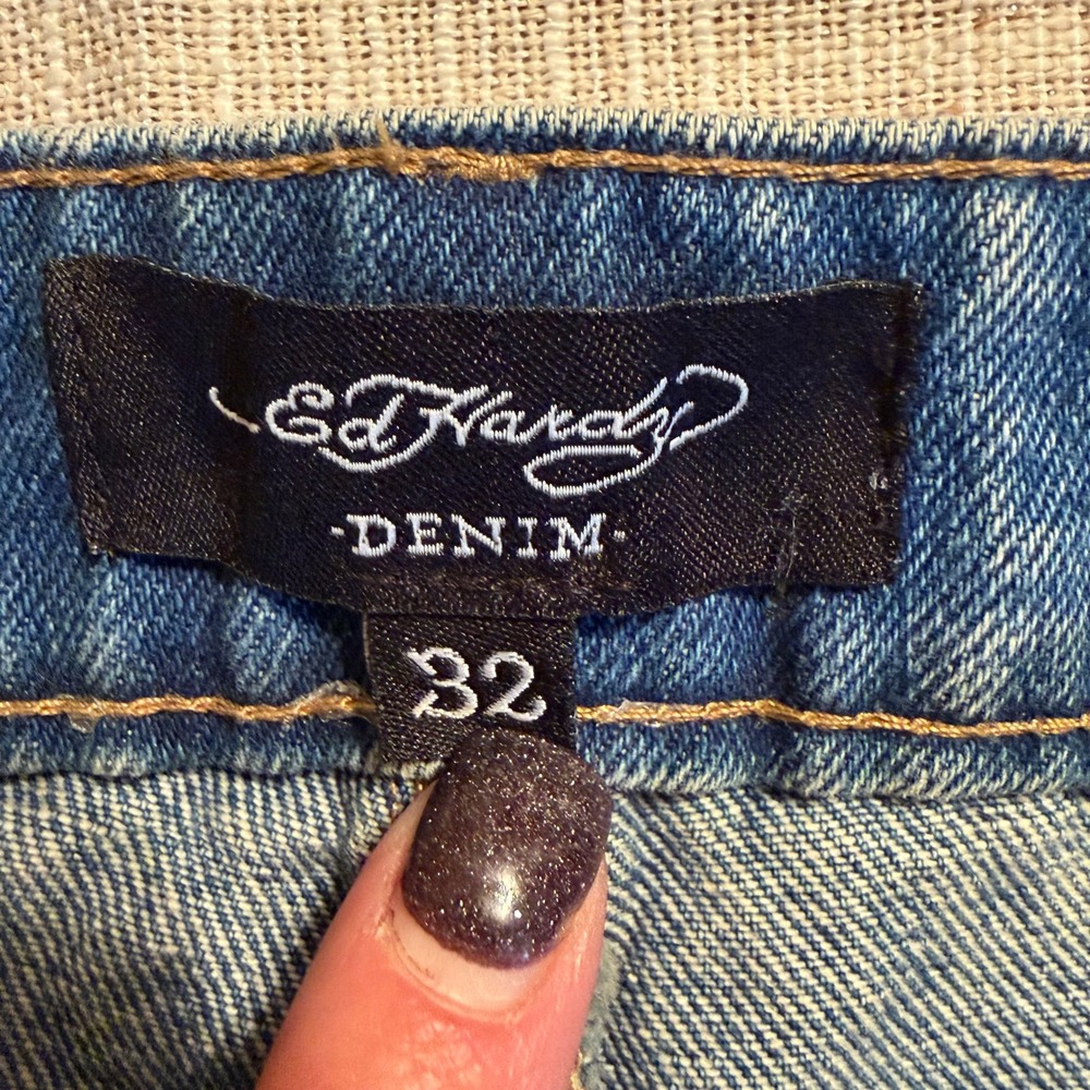 Ed Hardy Womens 32 Blue Denim Cut Off Shorts Born Free Swallow Tattoo WEHD8000-5 - Picture 4 of 8